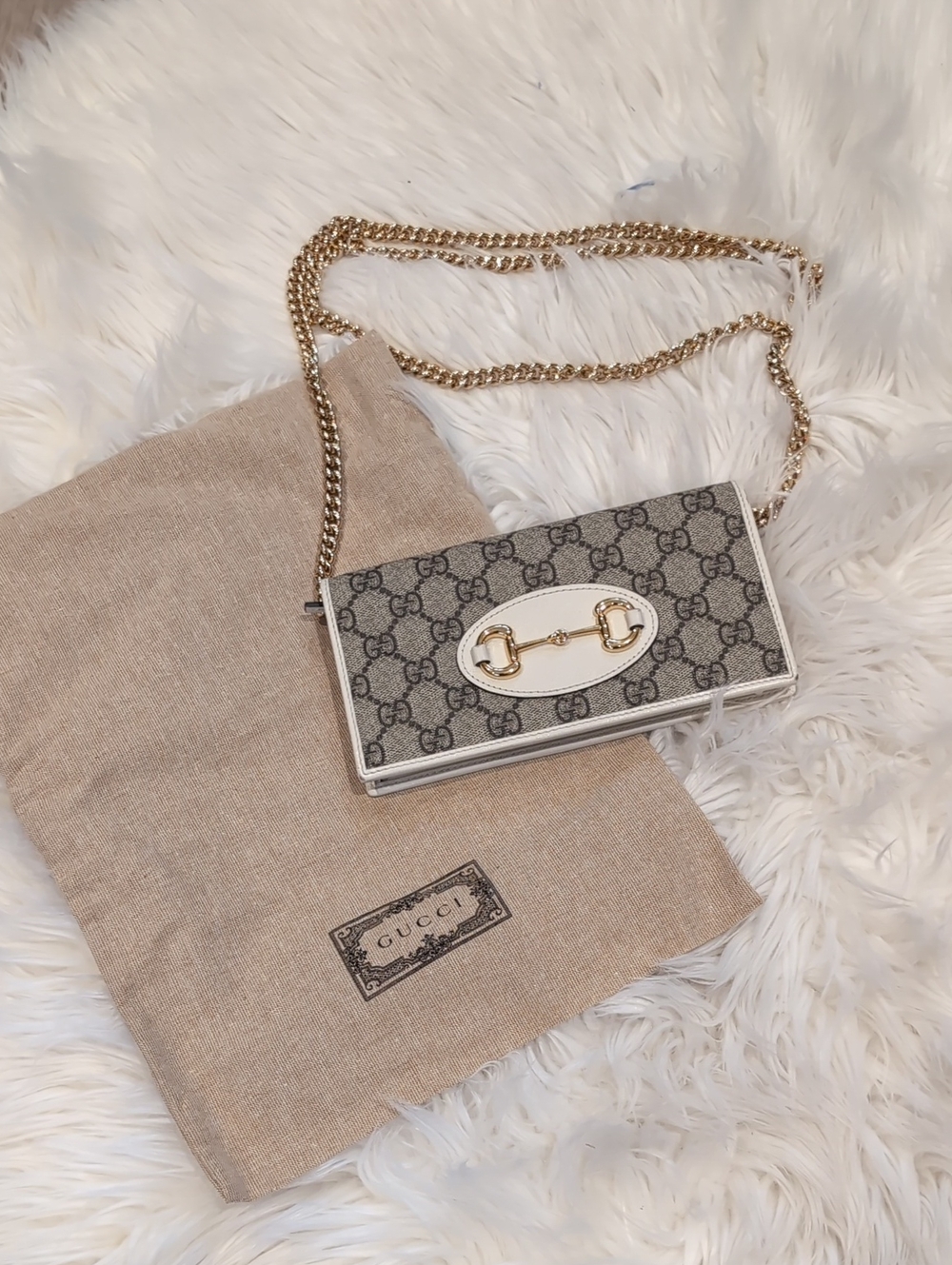 Gucci Beige/Ebony GG Supreme Chain Crossbody with Horsebit Hardware